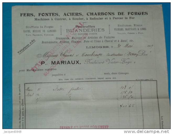 Factures) Limoges : H.viennes ( étab : P. MARIAUX ) Fers - Fontes - Aciers - Charbons De Forges - Agriculture