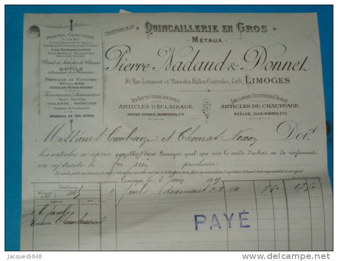 Factures) Limoges : H.viennes ( étab : Pierre NADAUD & DONNET  ) Quincaillerie En Gros - Agriculture