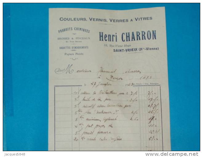 Factures) Saint-yrieix - H.viennes ( étab : HENRI . CHARRON  ) Produits Chimiques - Couleurs ; Vernis; Verres à Vitres - Autres & Non Classés