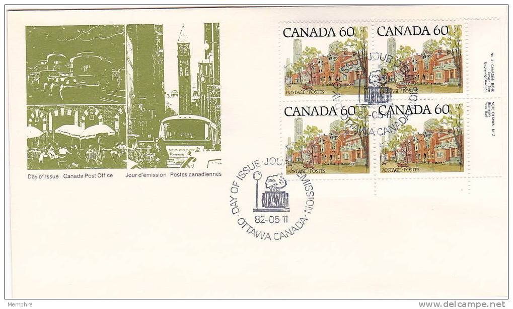 1982  Timbre Courant   60 Cts  Scène De Rue  Ontario   Scott  723C    Y&T 797a Bloc De 4 Avec Inscription Marginale - 1981-1990