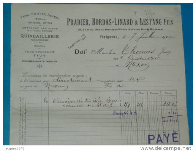 Factures) Périgueux: Dordogne ( étab : PRADIER. BORDAS.-LINARD &LESTANG FILS ) Quincaillerie  è Fer; Fontes ; Aciers - - Autres & Non Classés