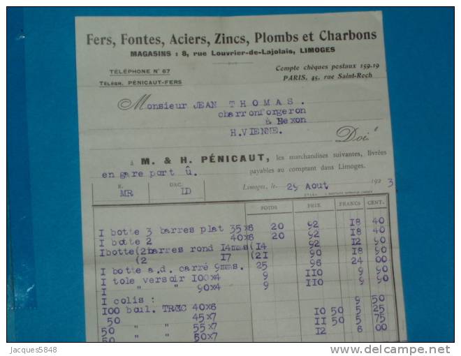 Factures) Limoges - H.vienne ( étab : M. & H. PENICAUT ) Fers - Fontes - Aciers - Zincs Plombs Et Charbons - Autres & Non Classés