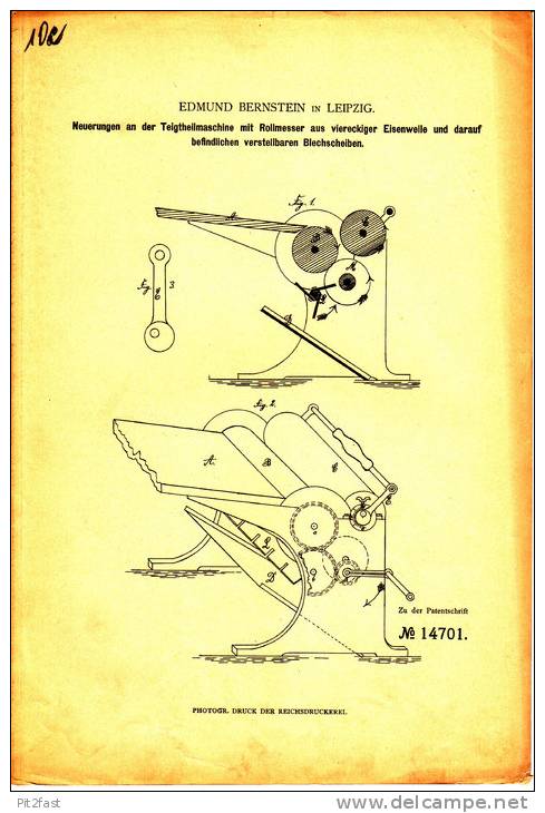 Original Patentschrift - Edmund Bernstein In Leipzig ,1880, Teigtheilmaschine Mit Rollmesser , Bäckerei , Bäcker !!!! - Maschinen