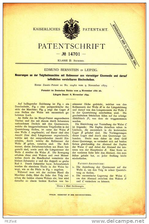 Original Patentschrift - Edmund Bernstein In Leipzig ,1880, Teigtheilmaschine Mit Rollmesser , Bäckerei , Bäcker !!!! - Maschinen