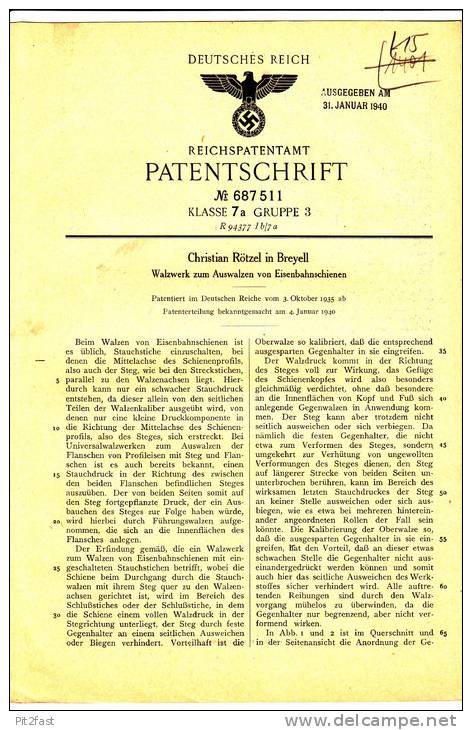 Original Patentschrift - Christian Rötzel In Breyell B. Nettetal ,1935 , Walze Für Eisenbahn Schienen !!! - Maschinen