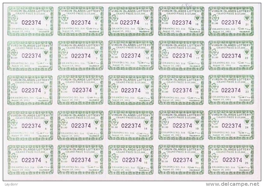 Virgin Islands Lottery - Full Sheet 25 Tickets - Lottery Tickets