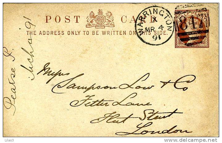 Entier Postal Victoria 0.5 Penny  Warrington Pour Londres 1891 - Entiers Postaux