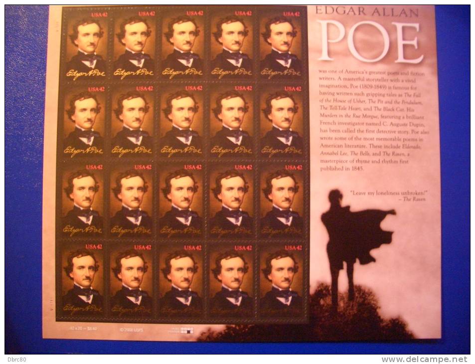 United States, USA, 2009 Edgar Allan Poe, Sheetlet Of 20, - Writers