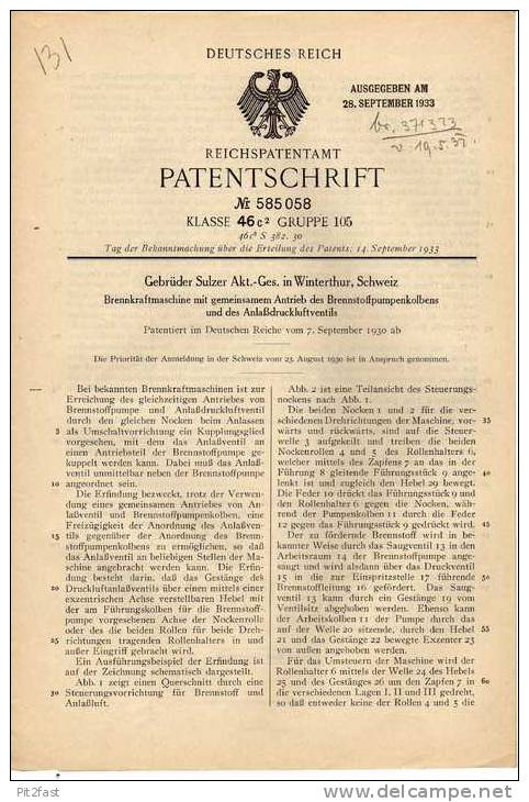 Original Patentschrift - Gebr. Sulzer AG In Winterthur , Schweiz ,  Brennkraftmaschine , 1930 !!! - Cars