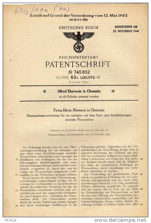 Original Patentschrift - Firma Herm. Riemann In Chemnitz ,1941 ,  Überwachungsvorrichtung Für KFZ !!! - Cars