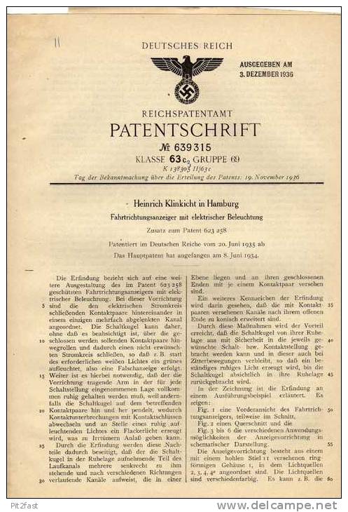 Original Patentschrift - H. Klinkicht In Hamburg , Winker , Fahrtrichtungsanzeiger Beleuchtet , 1935 !!! - Auto's