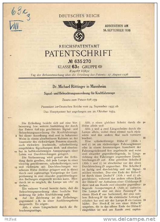 Original Patentschrift - Dr. Michael Röttinger In Mannheim ,1935, Signal- Und Beleuchtungseinrichtung Für KFZ !!! - Véhicules