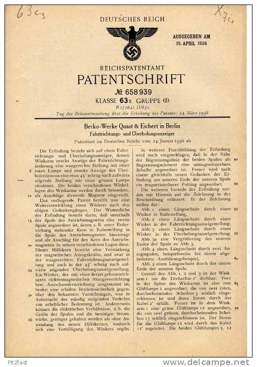 Original Patentschrift - Berko Werke Quast & Eichert In Berlin , 1936, Winker , Fahrtrichtungsanzeiger !!! - Voertuigen