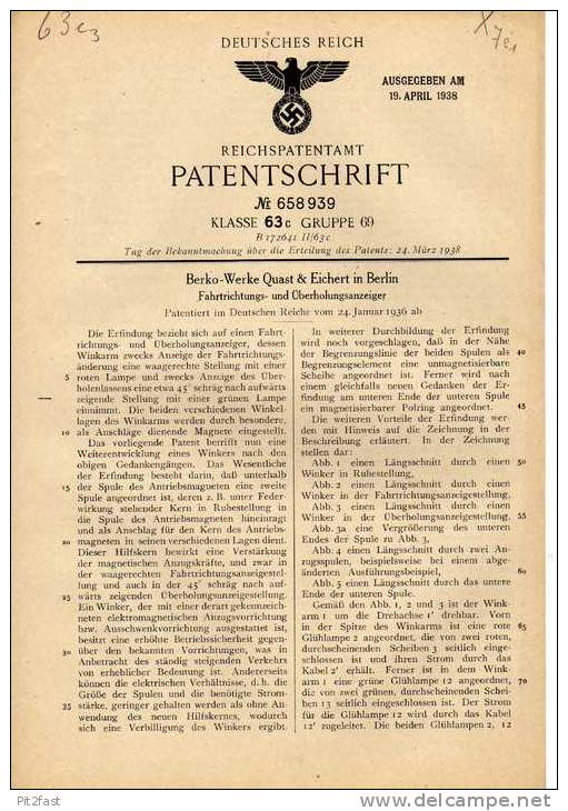 Original Patentschrift - Berko Werke Quast & Eichert In Berlin , 1936, Winker , Fahrtrichtungsanzeiger !!! - Vehicles