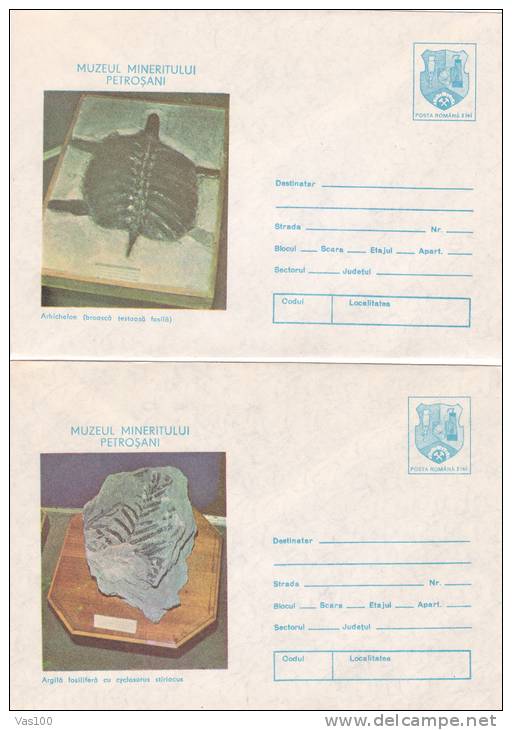 CLAY, FOSSIL, TURTLE FOSSIL, MINING MUSEUM, 2X, 1984, COVER STATIONERY, ENTIER POSTAL, UNUSED, ROMANIA - Vor- Und Frühgeschichte