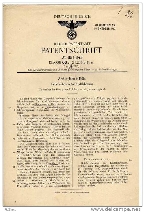 Original Patentschrift - Arthur Jahn In Köln ,1936 , Gefahrenbremse Für KFZ , Bremse , Automobile !!! - Cars