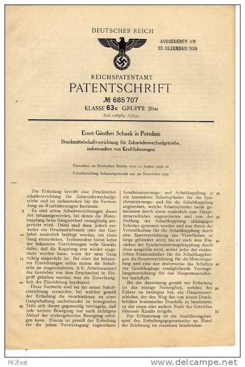 Original Patentschrift - E.G. Schaak In Potsdam ,1936 , Schaltung Für Getriebe , Automobile !!! - Cars