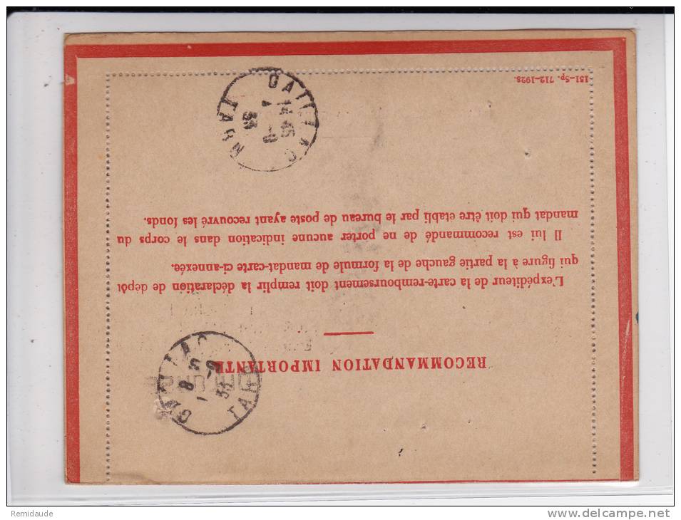 1933 - PAIX PERFORE - CARTE LETTRE RECO CONTRE REMBOURSEMENT De TOULOUSE Pour RIVIERES (TARN) - RETOUR Avec TAXE - Autres & Non Classés