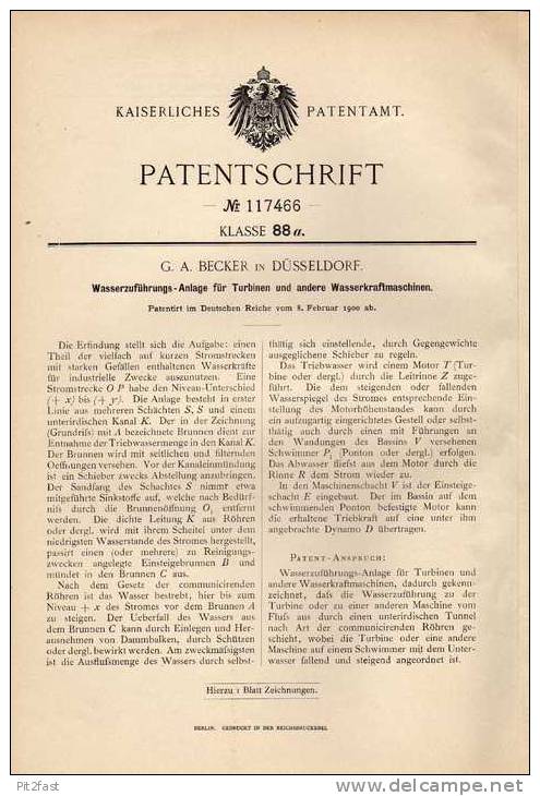 Original Patentschrift -  G.A. Becker In Düsseldorf ,1900 ,Turbine , Wasserkraftmaschine !!! - Macchine