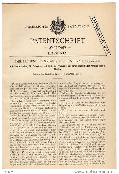 Original Patentschrift -  E.L. Nylander In Sundsvall , Schweden , 1900 ,  Antrieb Für Fahrrad , Bicycle !!! - Moto