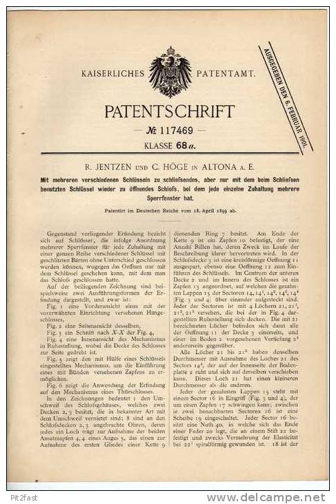 Original Patentschrift - R.Jentzen Und C.Höge In Altona A.E ,1899 , Schloß Mit Schlüssel , Schlüsseldienst , Hamburg !!! - Ancient Tools