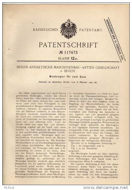 Original Patentschrift -  Berlin-Anhaltinische Maschinenbau AG In Berlin , 1900 , Mischregler Für Gase !!! - Maschinen