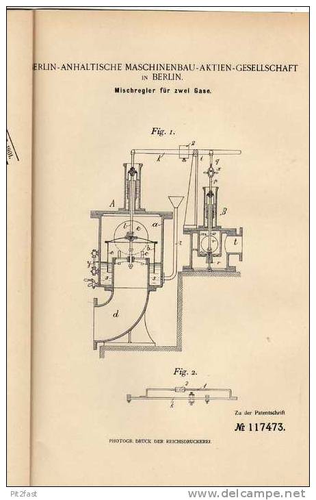 Original Patentschrift -  Berlin-Anhaltinische Maschinenbau AG In Berlin , 1900 , Mischregler Für Gase !!! - Maschinen