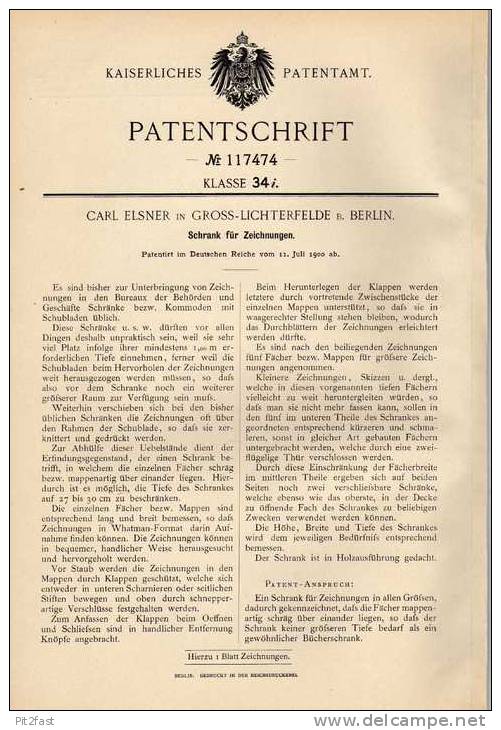 Original Patentschrift - C. Elsner In Gross - Lichterfelde B. Berlin , 1900, Schrank Für Zeichnungen , Architektur !!! - Arquitectura