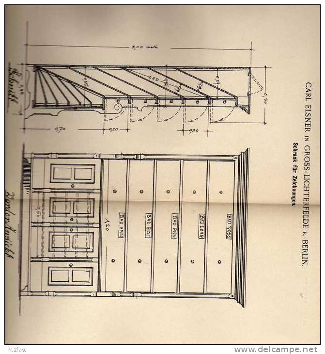 Original Patentschrift - C. Elsner In Gross - Lichterfelde B. Berlin , 1900, Schrank Für Zeichnungen , Architektur !!! - Architektur