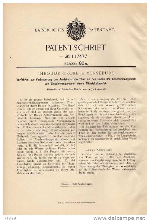 Original Patentschrift -  Th. Groke In Merseburg , 1900 , Ziegelstrangpressen , Ziegelei , Ziegel !!! - Machines
