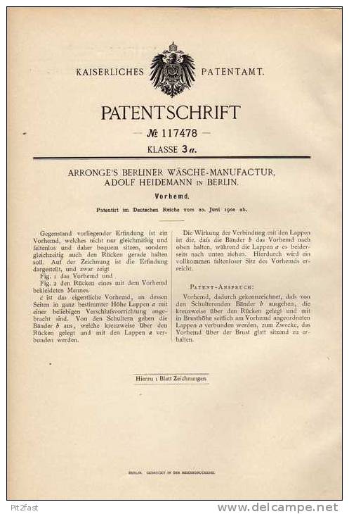 Original Patentschrift - Arronge`s Berliner Wäsche Manufactur , A.Heidemann In Berlin ,1900 , Vorhemd , Hemd !!! - Littérature