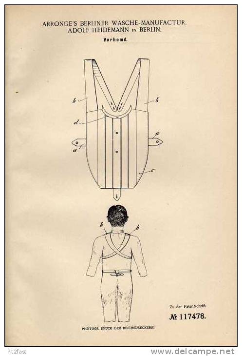 Original Patentschrift - Arronge`s Berliner Wäsche Manufactur , A.Heidemann In Berlin ,1900 , Vorhemd , Hemd !!! - Libros