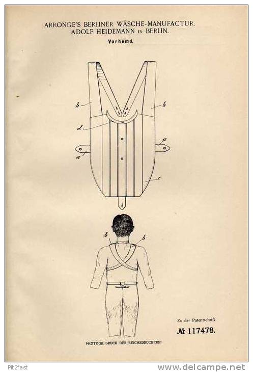 Original Patentschrift - Arronge`s Berliner Wäsche Manufactur , A.Heidemann In Berlin ,1900 , Vorhemd , Hemd !!! - Littérature