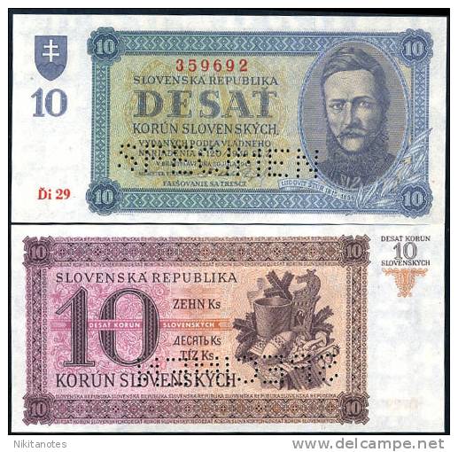 SLOVAKIA 10 KORUN 1939 P 6 SPECIMEN UNC - Slovaquie