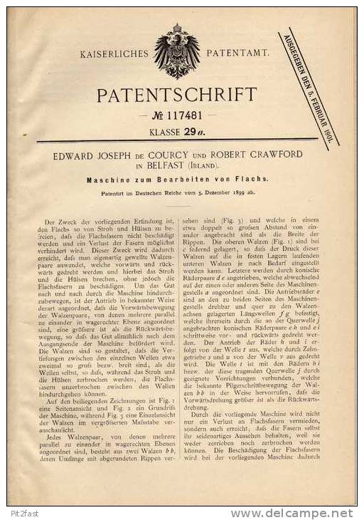 Original Patentschrift - De Courcy Und Crawford In Belfast , Irland , Maschine Zum Bearbeiten Von Flachs , 1899 !!! - Machines