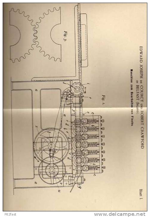 Original Patentschrift - De Courcy Und Crawford In Belfast , Irland , Maschine Zum Bearbeiten Von Flachs , 1899 !!! - Machines