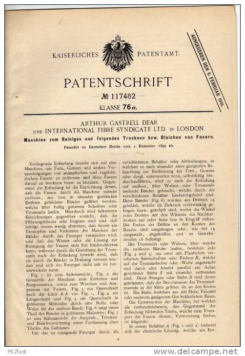 Original Patentschrift - A. Gastrell Dear Und Int. Fibre Syndicate Ltd. In London , Maschine Für Fasern , 1899 !!! - Tools