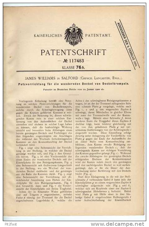 Original Patentschrift - J. Williams In Salford , Lancaster , 1900 , Putzvorrichtung , Reinigung  !!! - Maschinen