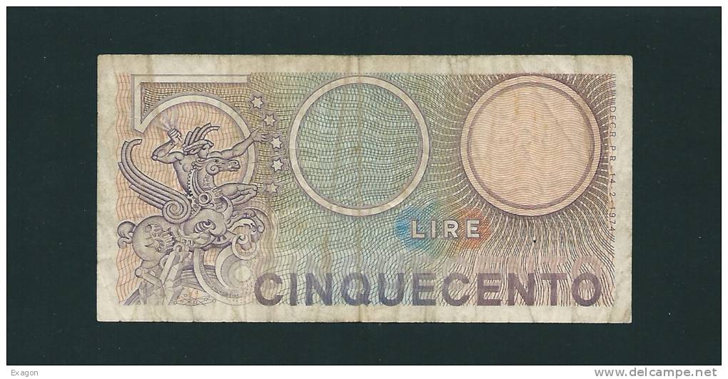 BANCONOTA  Da  500  Lire - Serie MERCURIO - D.M. 14. 02. 1974. Grado Di Rarità Non Comune. - 500 Lire