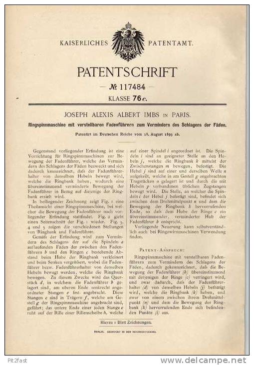 Original Patentschrift - J.A. Imbs In Paris , Spinnmaschine , 1899  !!! - Ancient Tools