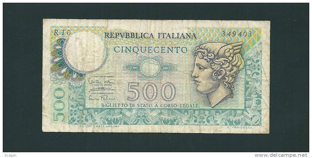 BANCONOTA  Da  500  Lire - Serie MERCURIO - D.M. 14. 02. 1974. Grado Di Rarità  Non Comune. - 500 Lire