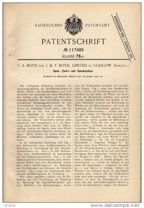 Original Patentschrift - Boyd Limited In Glasgow , Scotland , 1900 , Spinn-, Zwirn- Und Spulmaschine !!! - Machines