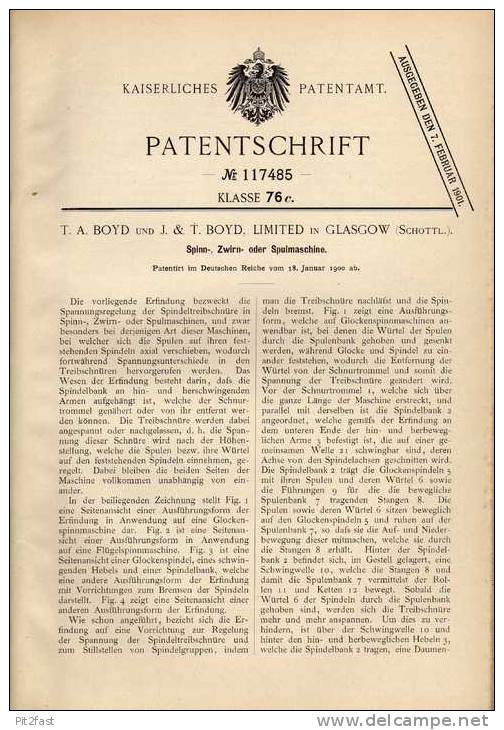 Original Patentschrift - Boyd Limited In Glasgow , Scotland , 1900 , Spinn-, Zwirn- Und Spulmaschine !!! - Tools