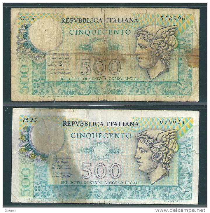 Lotto Di N. 2  BANCONOTE Da  500  Lire Cad.- Serie MERCURIO - D.M. 20. 12. 1976   E D.M. 02.04.1979 - 500 Liras