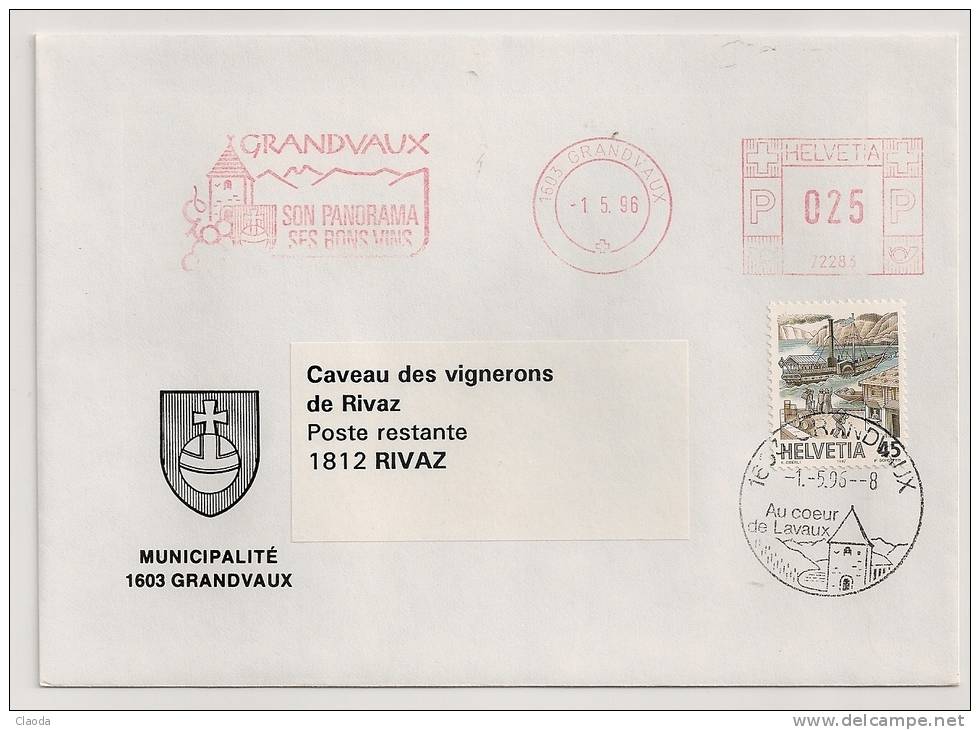 11084 - SUISSE - Flamme MECANIQUE  Rouge - GRANDVAUX 1603 - Année 1996 - Affranchissements Mécaniques