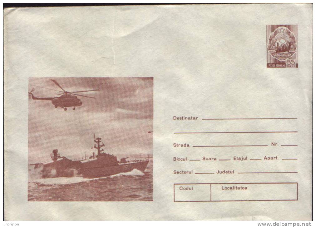 Romania-Postal Stationery Cover,unused-Romanian Army-Helicopter And Warship In Action - Helicopters