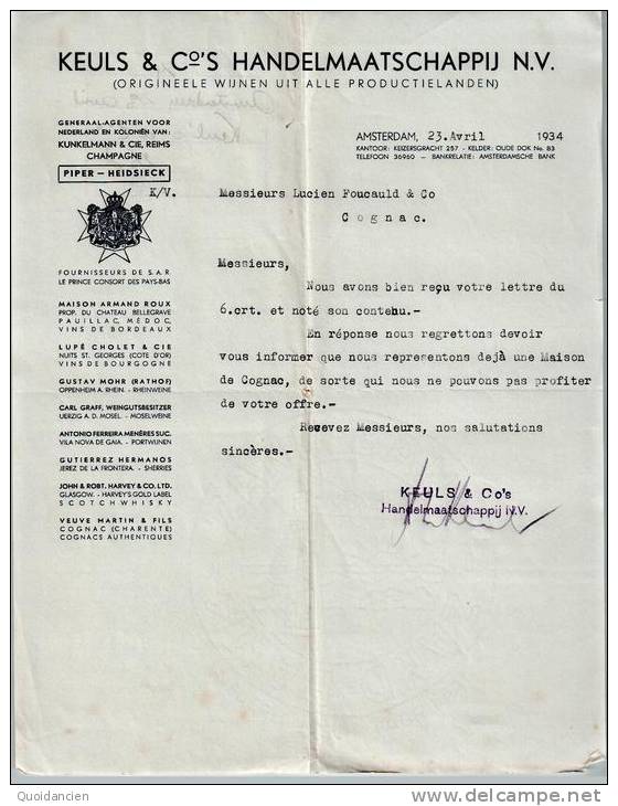 Lettre  04/1934  -  AMSTERDAM  PAYS BAS  Vers  COGNAC  -  KEULS  & Co´S  Handelmaatschappij  N.v.  à  L.  FOUC AULT - Pays-Bas