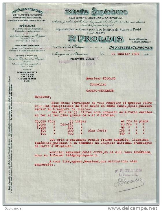 Lettre  27/01/1920  -  BRUXELLES  CUREGHEM  ( BELGIQUE )  Vers  COGNAC  -  P.  FROLOIS  à  Mr  FOUCAULT  - - 1900 – 1949