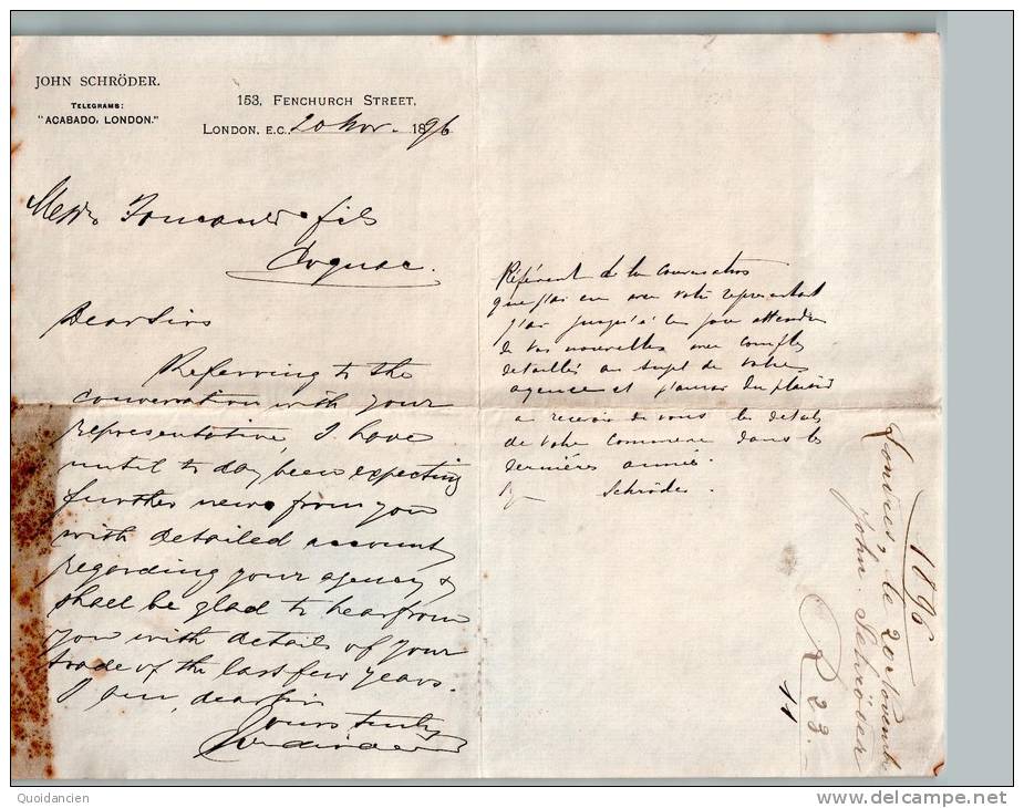 Lettre  20/11/1896  -  LONDON  ( LONDRES  -  ROYAUME  UNI  )  Vers  COGNAC  -  J.  SCHRÖDER  à  Mrs  FOUCAULT - Ver. Königreich