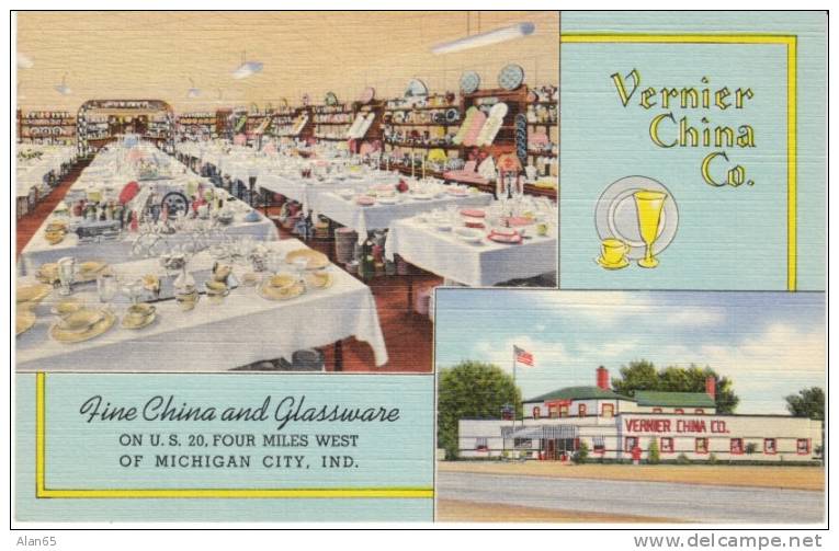 Michigan City IN Indiana, Vernier China Co. Galsware Store, C1940s Vintage Curteich Linen Postcard - Autres & Non Classés